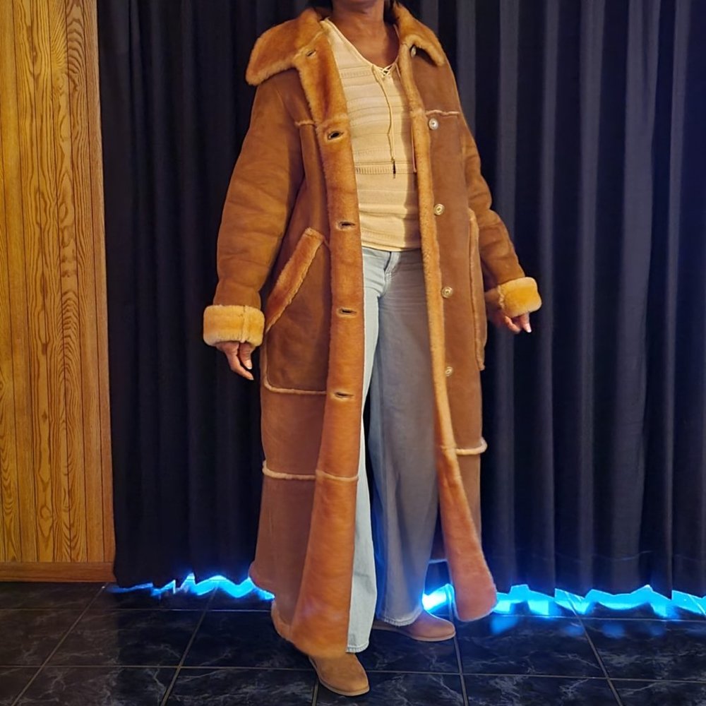 Women's Marlboro Shearling Sheepskin Full Length Coat, Stony Tan, Custom Made.
